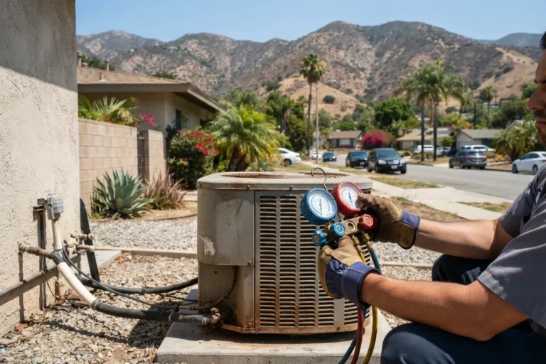 Technician checking refrigerant pressure on an outdoor AC unit